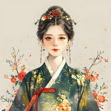 身穿韓國(guó)傳統(tǒng)服飾的年輕女子