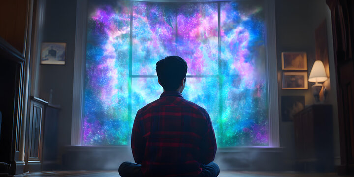 男人透過(guò)窗戶(hù)看天空中的銀河