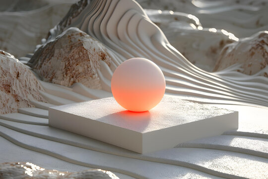 白色紋理景觀中白色球體底座上的發(fā)光球體 3D 渲染圖