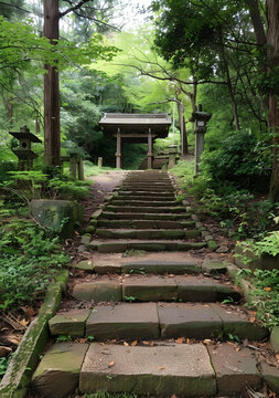 日本森林中通往神社的石板路