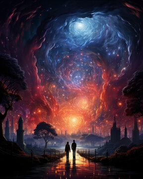 情侶漫步在超現(xiàn)實的城市星空璀璨