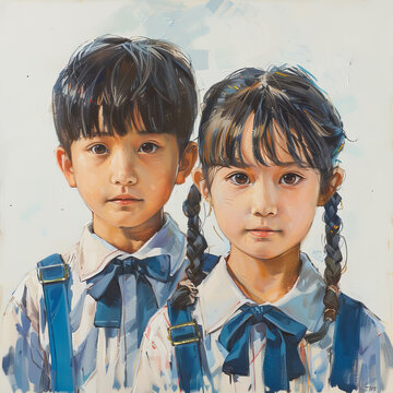 穿著校服的兩個亞洲孩子肖像畫