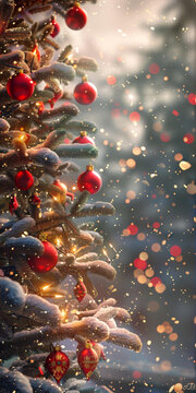 圣誕樹(shù)上的紅色裝飾品在雪中閃閃發(fā)光