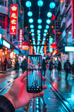 夜晚的城市街道，繁華熱鬧，行人穿梭，手機(jī)拍攝的畫面