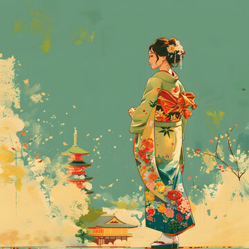 身著和服的日本女性，背景是寶塔和櫻花