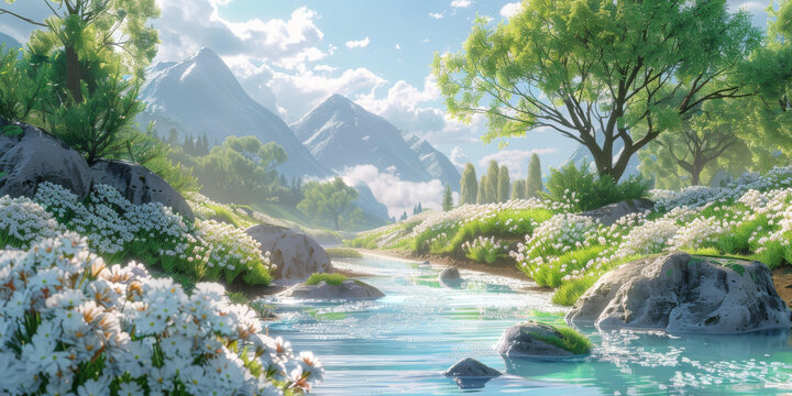 河流在山谷中蜿蜒流淌，遠(yuǎn)處是白雪皚皚的山峰