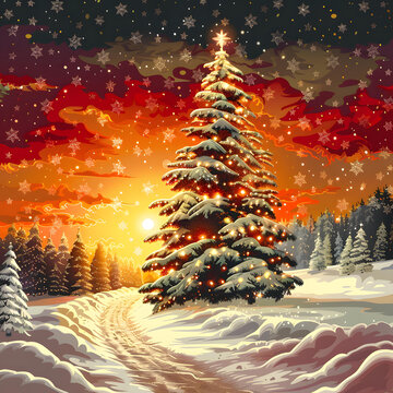 冬日雪景圖，一顆圣誕樹矗立在森林中央，周圍白雪皚皚雪花飛舞，圣誕樹上裝飾著彩燈，閃閃發(fā)光，十分美麗