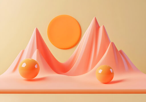 抽象粉色山脈與橙色球體3D渲染