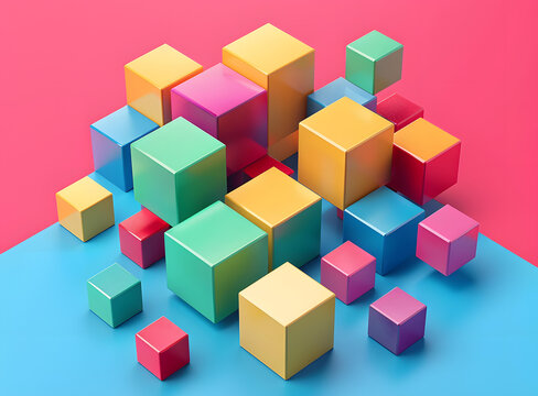 五顏六色的3D立方體在藍(lán)色和粉紅色的背景上
