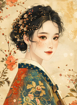 ,一個(gè)穿著韓國(guó)傳統(tǒng)服飾的年輕女子的