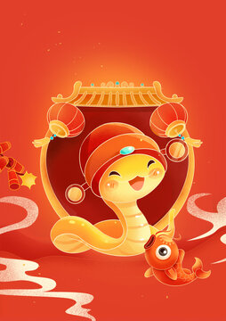 蛇年卡通形象春節(jié)插畫