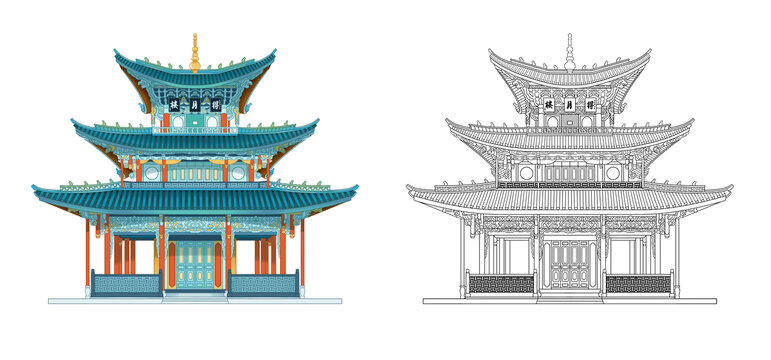 麗江得月樓插畫線稿