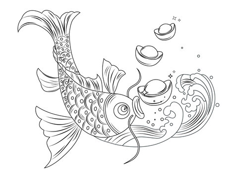 錦鯉和金元寶白描線稿