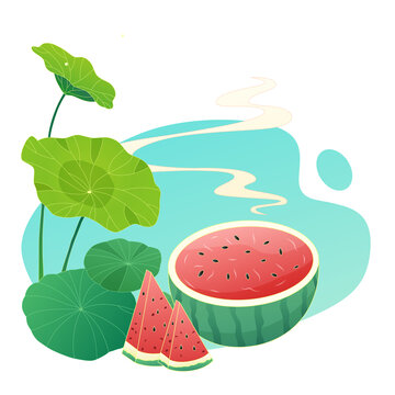 西瓜和荷葉矢量插畫