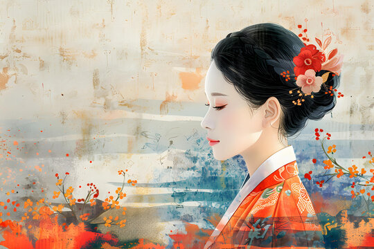一個(gè)身穿韓國(guó)傳統(tǒng)服飾的美麗亞洲女性，背景為紅色和橙色。