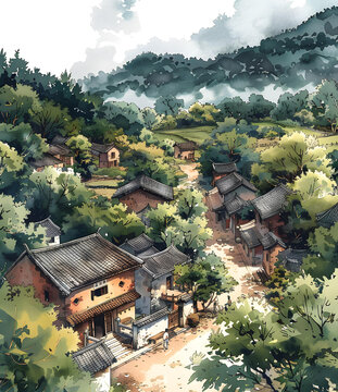 中國(guó)傳統(tǒng)村莊水彩畫