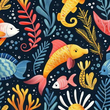 五彩斑斕的魚和植物插圖