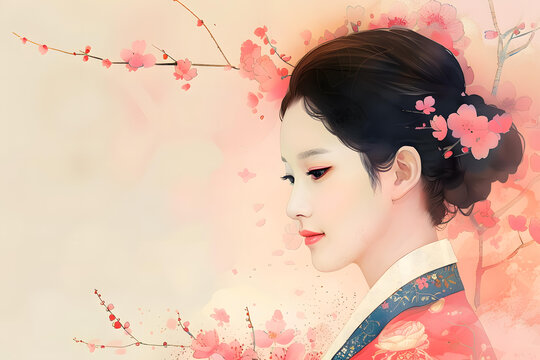 身穿韓國傳統(tǒng)服飾的美麗韓國女子站在櫻花盛開的田野里。