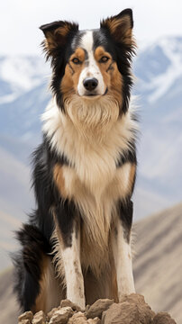 邊境牧羊犬站在山頂巖石上