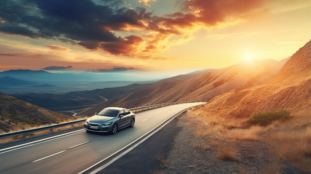 夕陽西下時汽車在山口的柏油馬路上行駛