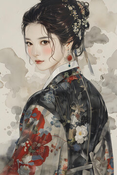 身穿韓國傳統(tǒng)服飾的美麗年輕女子