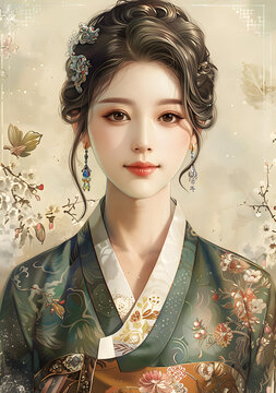 身穿韓國(guó)傳統(tǒng)服飾的美麗亞洲女性肖像