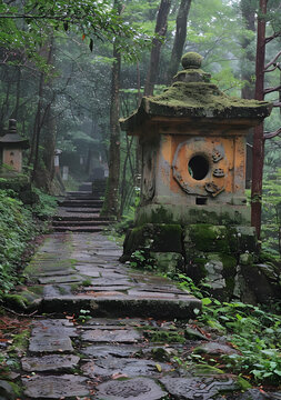 日本苔蘚森林中的石板路