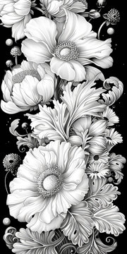 牡丹花芍藥花菊花繡球花黑白花卉圖案