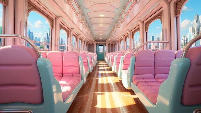 一輛粉藍(lán)色的柔和色調(diào)的火車車廂有大窗戶