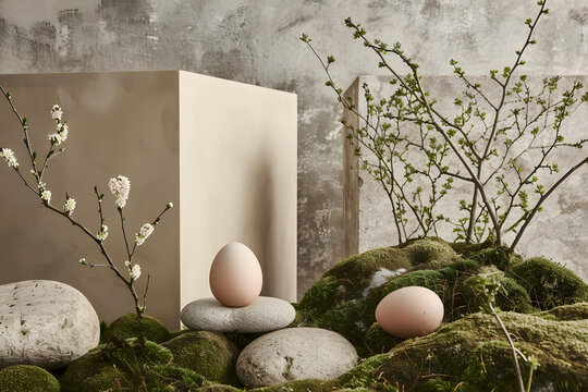 苔蘚石塊上簡(jiǎn)約的復(fù)活節(jié)彩蛋