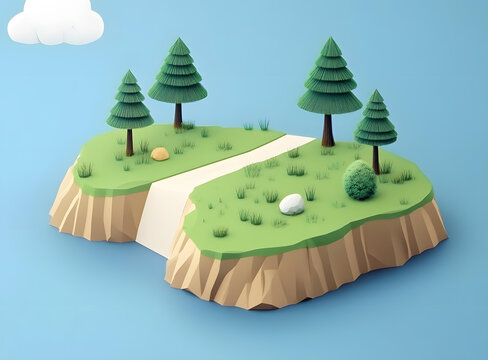 低多邊形3D，小島上的樹木和小路