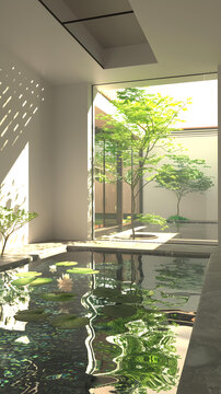 現(xiàn)代極簡(jiǎn)主義室內(nèi)設(shè)計(jì)，帶水景和花園景觀