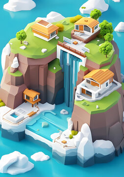 低多邊形3D瀑布島嶼房屋