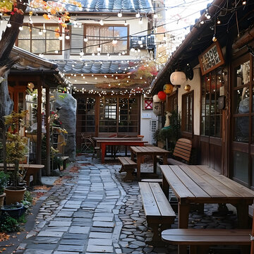 石板路與木桌椅的日式小巷