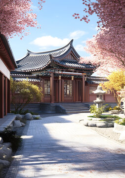 中國傳統(tǒng)建筑與櫻花樹的美麗景觀