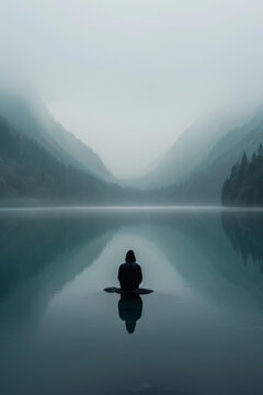 一個人坐在湖中央的巖石上背景是山脈