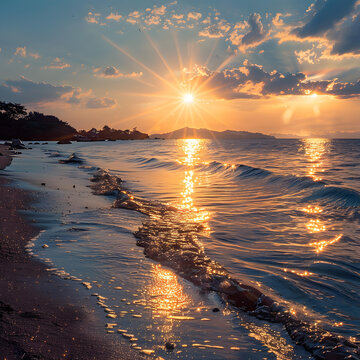 金色的夕陽(yáng)照耀著海灘