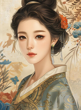 身穿中國傳統(tǒng)服飾的年輕女子肖像