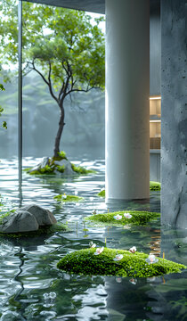 室內(nèi)水景與樹木