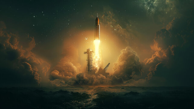 一枚火箭在星空中發(fā)射升空