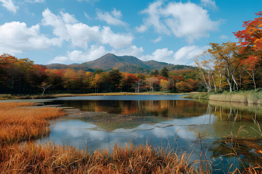 秋日山湖倒影的美麗景色