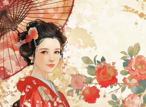 身穿紅色和服手持紅色雨傘的美麗日本女性
