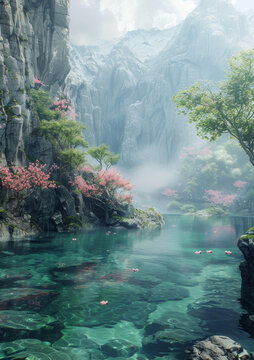 碧綠色的湖泊和山谷岸邊盛開著櫻花