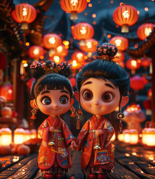 兩個(gè)中國(guó)女孩在掛滿紅燈籠的街道上攜手同行