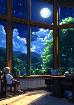 夜晚窗邊眺望星空的男孩