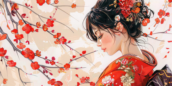 身著紅色和服的日本女性，背景是櫻花
