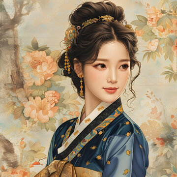 身穿韓國(guó)傳統(tǒng)服飾的年輕女子肖像，韓服