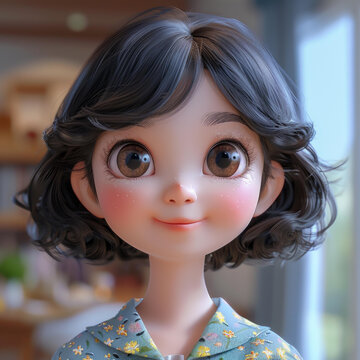 可愛黑發(fā)卡通女孩3D插圖