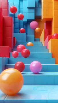 五顏六色的 3D 樓梯插圖，帶粉紅色、紅色、橙色和黃色的球