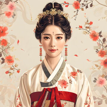 身穿韓國傳統(tǒng)服飾的年輕女子肖像
